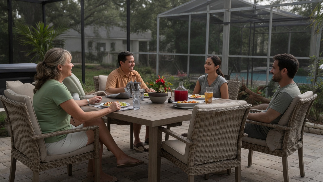 Family with young children relaxing safely on a paver patio outside a Jacksonville Florida home after Bug-Man wasp treatment — Bug-Man truck visible in background