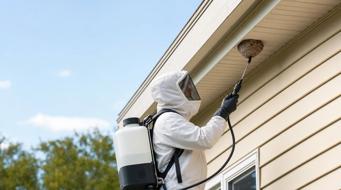 Bug-Man technician in full protective gear treating a wasp nest under a house eave in Jacksonville Florida