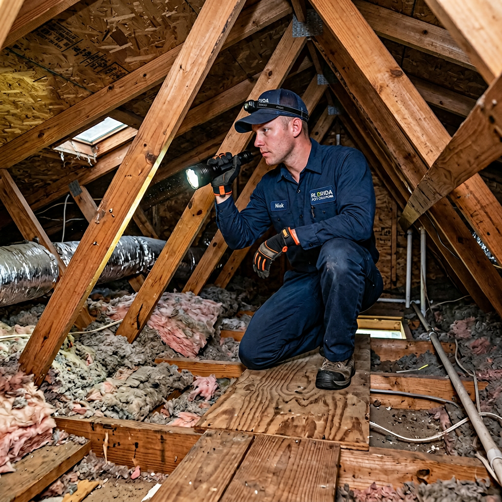 Technician inspecting attic for rodent activity and entry points