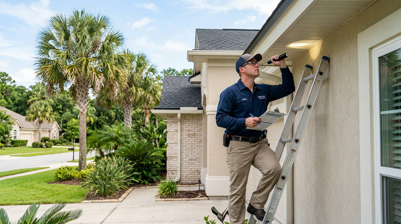 Rodent inspection around soffit and roofline on Jacksonville area home