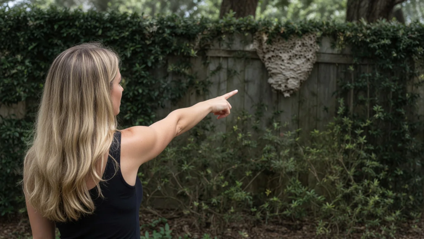 Jacksonville homeowner pointing at a large wasp nest on a backyard fence — overgrown hedge, North Florida setting