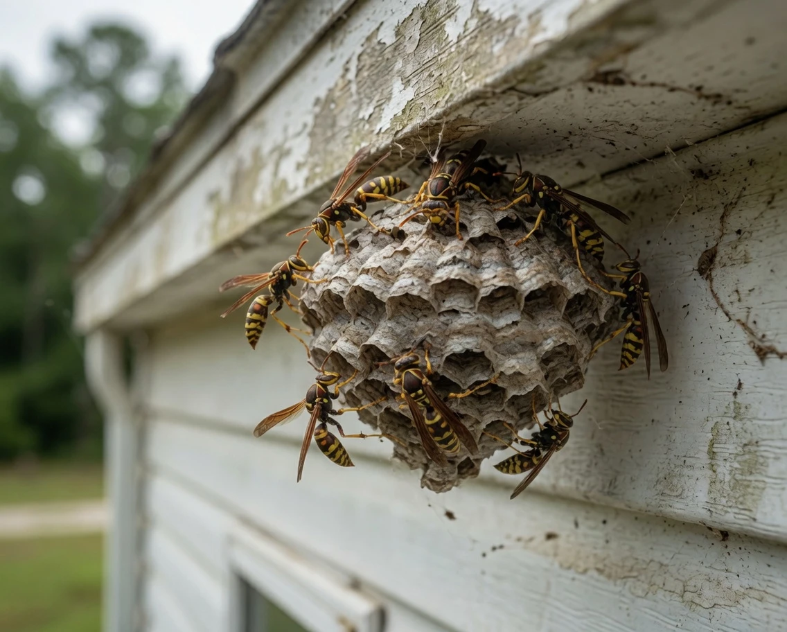 Paper wasp nest under soffit with multiple wasps visible