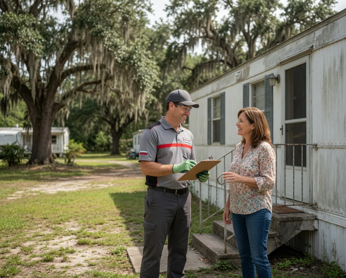 Technician at mobile home door reviewing clipboard with homeowner