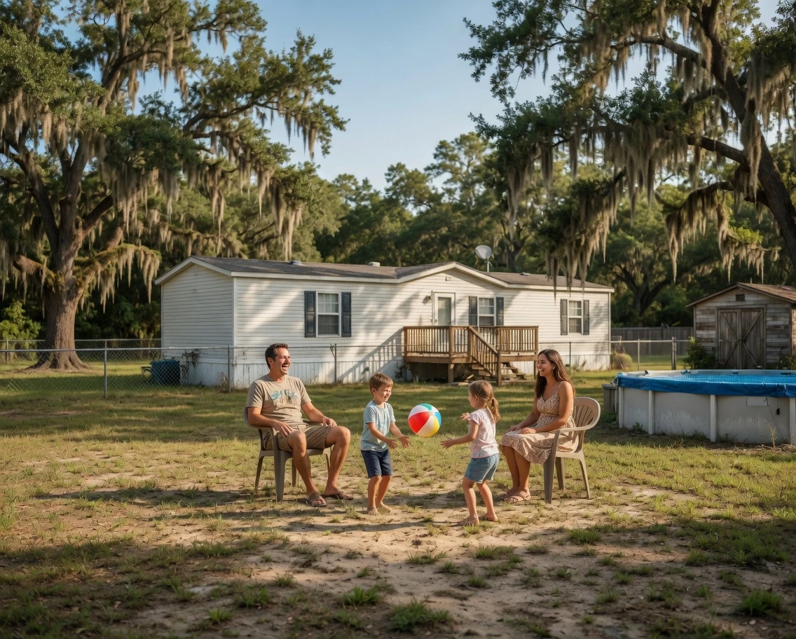 Family in backyard of mobile home with above ground pool