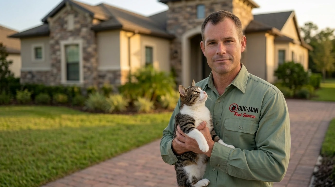 Bug-Man Pest Service owner holding a cat outside a Clay County home