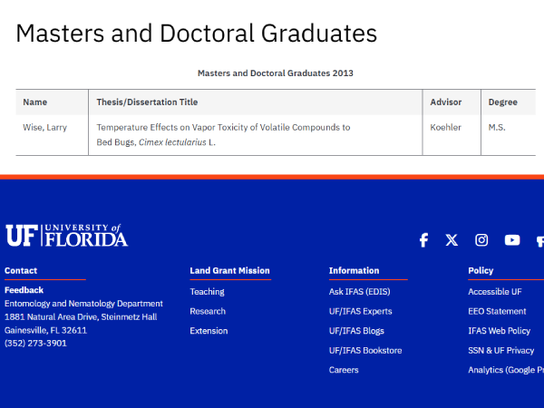 University of Florida Entomology and Nematology graduate record listing Larry Wise
