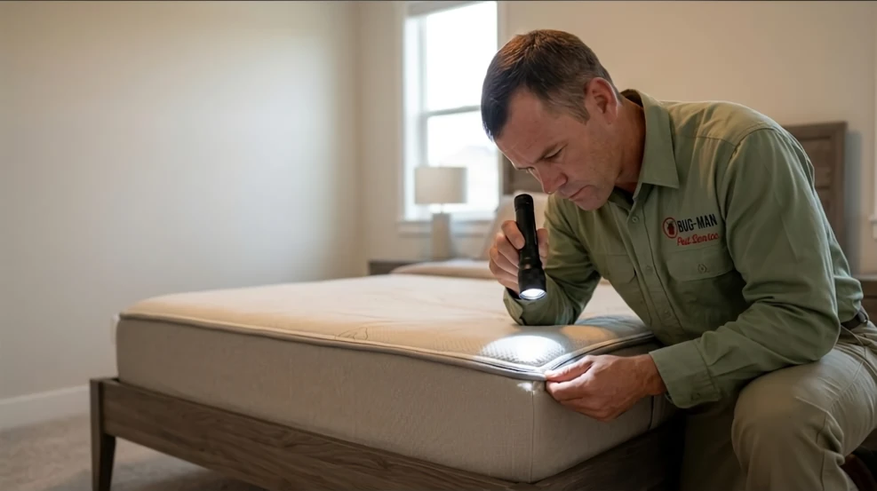 Larry Wise inspecting a mattress seam for signs of bed bugs