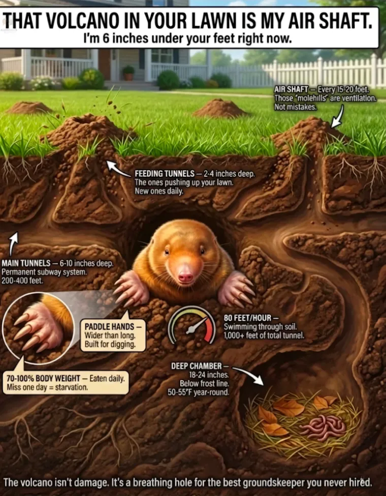 Cross-section of ground-mole tunnels beneath a lawn — air shafts, feeding tunnels, main runways and deep chamber, with mole control vs. doing nothing cost comparison