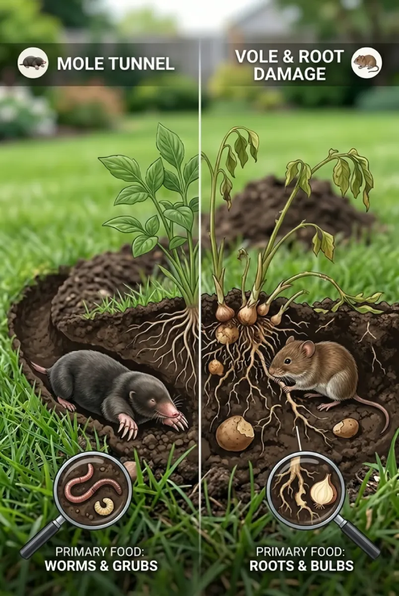 Mole vs. vole comparison — mole tunnels feeding on worms and grubs versus vole root and bulb damage