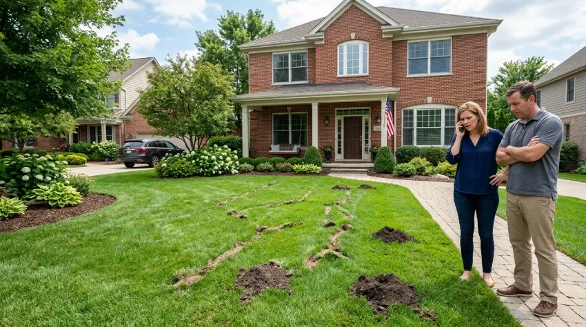 Wide view of a Jacksonville front lawn crisscrossed with ground-mole mounds and raised tunnels